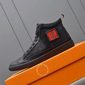 Giày Louis Vuitton Sneaker cổ cao Boot đen logo cam vuông cao cấp - Ảnh 4