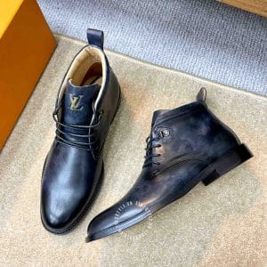 Giày Louis Vuitton cổ cao boot nam da bò màu xanh đen buộc dây - Ảnh 4