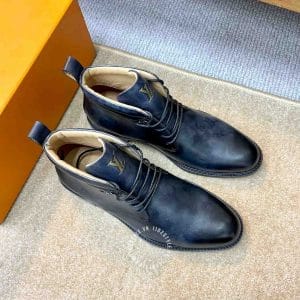 Giày Louis Vuitton cổ cao boot nam da bò màu xanh đen buộc dây - Ảnh 2