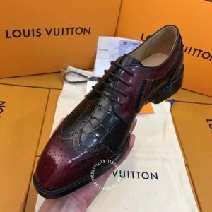 Giày nam cao cấp Louis Vuitton da nâu đỏ dập vân cá sấu - Hình ảnh 6
