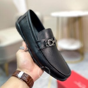Giày nam hàng hiệu Moca Salvatore Ferragamo đen logo kim loại - Ảnh 6