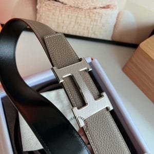 Thắt lưng Hermes màu nâu sữa mặt khóa logo bạc - Hình ảnh 2