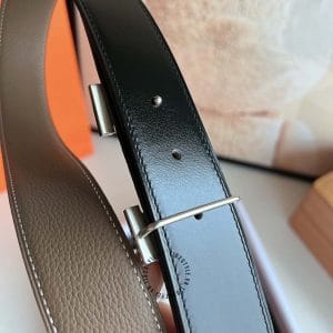 Thắt lưng Hermes màu nâu sữa mặt khóa logo bạc - Hình ảnh 3