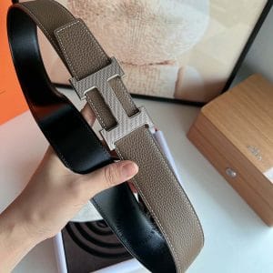 Thắt lưng Hermes màu nâu sữa mặt khóa logo bạc - Hình ảnh 5