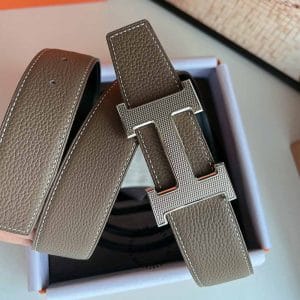 Thắt lưng Hermes màu nâu sữa mặt khóa logo bạc - Hình ảnh 6