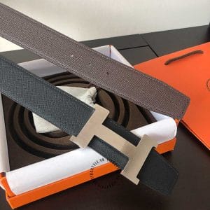 Thắt lưng Hermes hàng hiệu 2 màu dây đen - xám khóa logo trơn - Ảnh 6