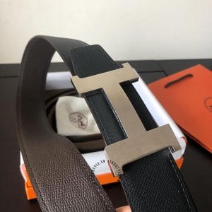 Thắt lưng Hermes hàng hiệu 2 màu dây đen - xám khóa logo trơn - Ảnh 5
