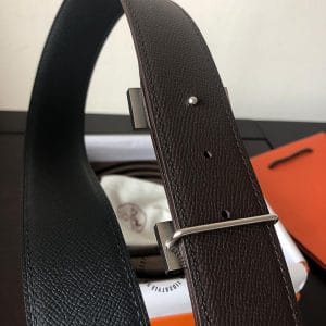 Thắt lưng Hermes hàng hiệu 2 màu dây đen - xám khóa logo trơn - Ảnh 7