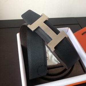 Thắt lưng Hermes hàng hiệu 2 màu dây đen - xám khóa logo trơn - Ảnh 4