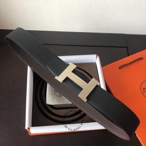 Thắt lưng Hermes hàng hiệu 2 màu dây đen - xám khóa logo trơn - Ảnh 3