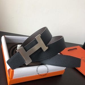 Thắt lưng Hermes hàng hiệu 2 màu dây đen - xám khóa logo trơn - Ảnh 2