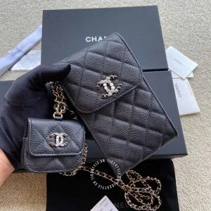 Túi đeo chéo mini Chanel nữ màu đen trần trám cao cấp - Ảnh 5