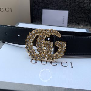 Belt Gucci nữ mặt vàng đính đá dây da đen trơn hàng hiệu - Ảnh 6