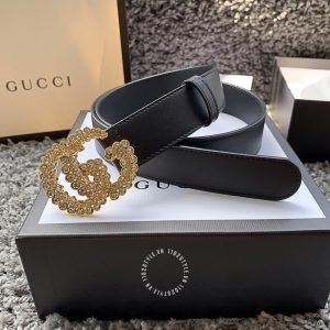 Belt Gucci nữ mặt vàng đính đá dây da đen trơn hàng hiệu - Ảnh 2