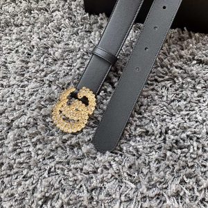 Belt Gucci nữ mặt vàng đính đá dây da đen trơn hàng hiệu - Ảnh 5