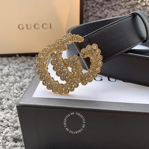 Belt Gucci nữ mặt vàng đính đá dây da đen trơn hàng hiệu - Ảnh 4