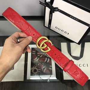 Dây nịt Gucci nữ mặt khóa vàng dây da màu đỏ họa tiết cao cấp - Ảnh 4