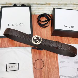 Dây nịt hàng hiệu Gucci nam mặt khóa vàng dây da nâu họa tiết - Hình ảnh 2
