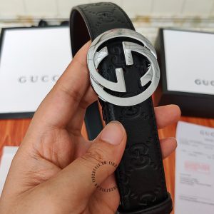 Dây nịt hàng hiệu Gucci nam mặt khóa bạc dây họa tiết Monogram - Hình ảnh 3