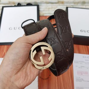 Dây nịt hàng hiệu Gucci nam mặt khóa vàng dây da nâu họa tiết - Hình ảnh 3