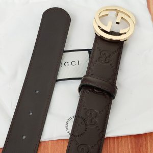 Dây nịt hàng hiệu Gucci nam mặt khóa vàng dây da nâu họa tiết - Hình ảnh 5