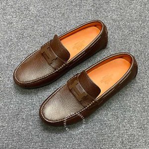 Giày nam Hermes da sần màu nâu logo siêu cấp - Ảnh 3
