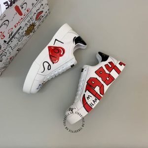 Giày D&G màu trắng da thật màu trắng hoạ tiết trái tim hàng hiệu - Ảnh 2