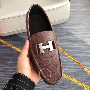 Giày lười Hermes nam màu nâu logo chữ H Super Fake - Hình ảnh 5