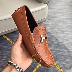 Giày lười Hermes nam màu cam cháy họa tiết Super Fake - Hình ảnh 5