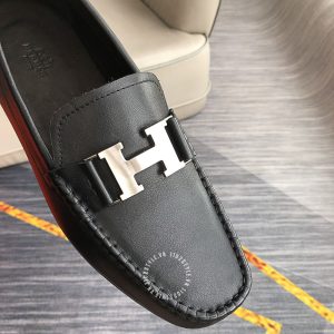 Giày lười Hermes nam màu đen logo bạc Super Fake - Hình ảnh 6