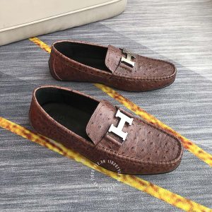 Giày lười Hermes nam màu nâu logo chữ H Super Fake - Hình ảnh 2
