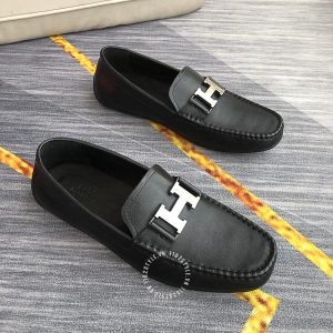 Giày lười Hermes nam màu đen logo bạc Super Fake - Hình ảnh 2