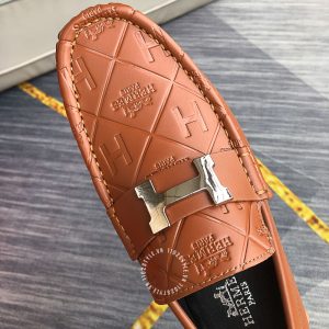 Giày lười Hermes nam màu cam cháy họa tiết Super Fake - Hình ảnh 6
