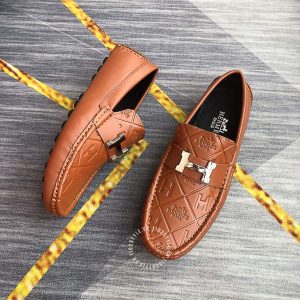 Giày lười Hermes nam màu cam cháy họa tiết Super Fake - Hình ảnh 3