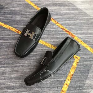 Giày lười Hermes nam màu đen logo bạc Super Fake - Hình ảnh 3