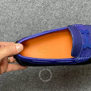 Giày lười Hermes like auth nam da xịn màu đen phối xanh - Ảnh 7