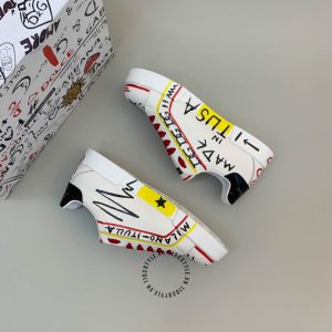 Giày unisex D&G màu trắng dây buộc đỏ phối hoạ tiết hàng hiệu - Ảnh 3