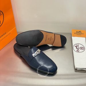 Giày sục Hermes nam màu xanh than khuy kim loại cao cấp - Hình ảnh 5