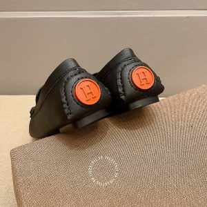 Giày lười Hermes nam da sần màu đen logo bạc Super Fake - Ảnh 9