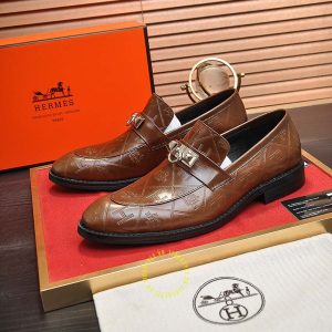 Giày lười Hermes da thật màu nâu họa tiết cao cấp - Ảnh 2