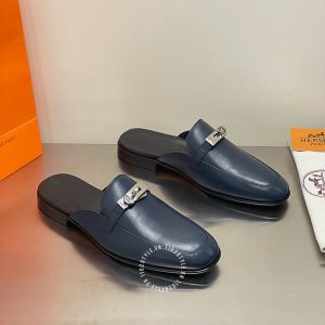 Giày sục Hermes nam màu xanh than khuy kim loại cao cấp - Hình ảnh 2
