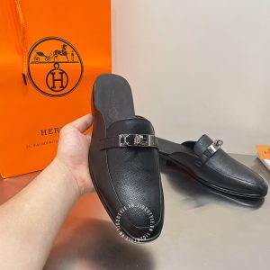 Giày sục Hermes nam da xịn màu đen logo cao cấp - Hình ảnh 4