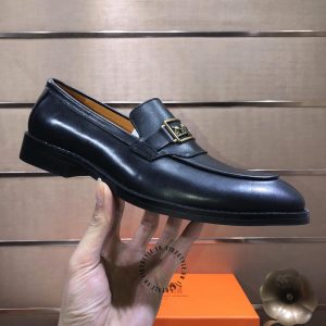 Giày lười Hermes màu đen logo kim loại Super Fake - Hình ảnh 5