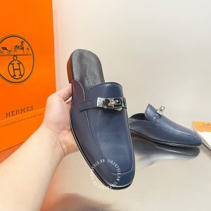 Giày sục Hermes nam màu xanh than khuy kim loại cao cấp - Hình ảnh 4