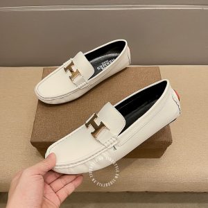 Giày lười Hermes nam màu trắng logo kim loại Super Fake - Hình ảnh 3