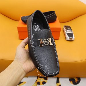 Giày lười Hermes Super Fake nam màu đen logo H - Ảnh 3