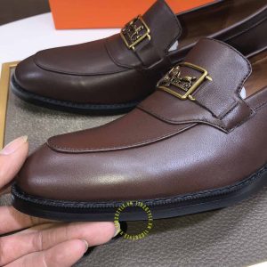 Giày lười Hermes màu nâu logo kim loại Super Fake - Hình ảnh 4