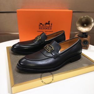 Giày lười Hermes màu đen logo kim loại Super Fake - Hình ảnh 3
