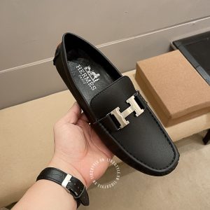 Giày lười Hermes nam da sần màu đen logo bạc Super Fake - Ảnh 4