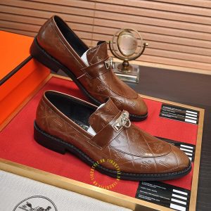 Giày lười Hermes da thật màu nâu họa tiết cao cấp - Ảnh 4